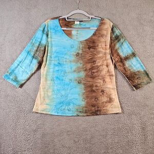 Only Nine Womens XL Blue Brown Tie Dye Floral Glitter 3/4 Sleeve Top Y2K USA